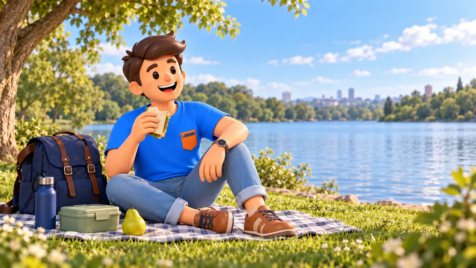 Ilustración de un viajero descansando con un pícnic junto a un lago