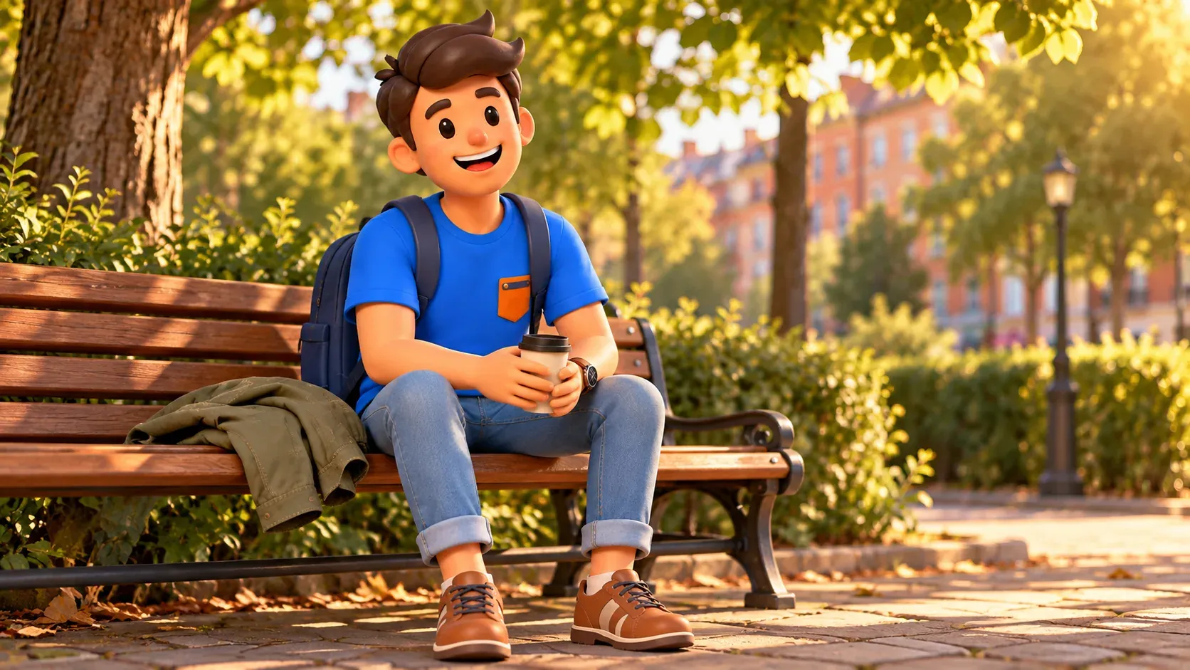 Un voyageur se repose avec une tasse sur un banc de parc, illustration 3D