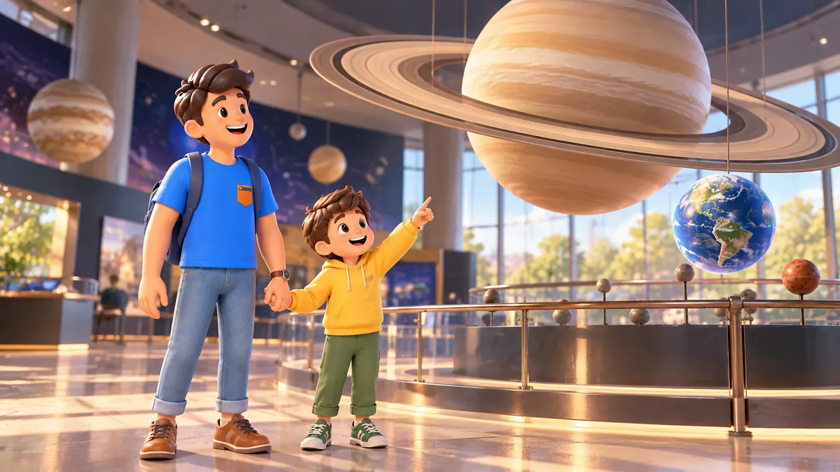 Un viajero y un niño miran modelos de planetas suspendidos en un museo ilustrativo, ilustración 3D