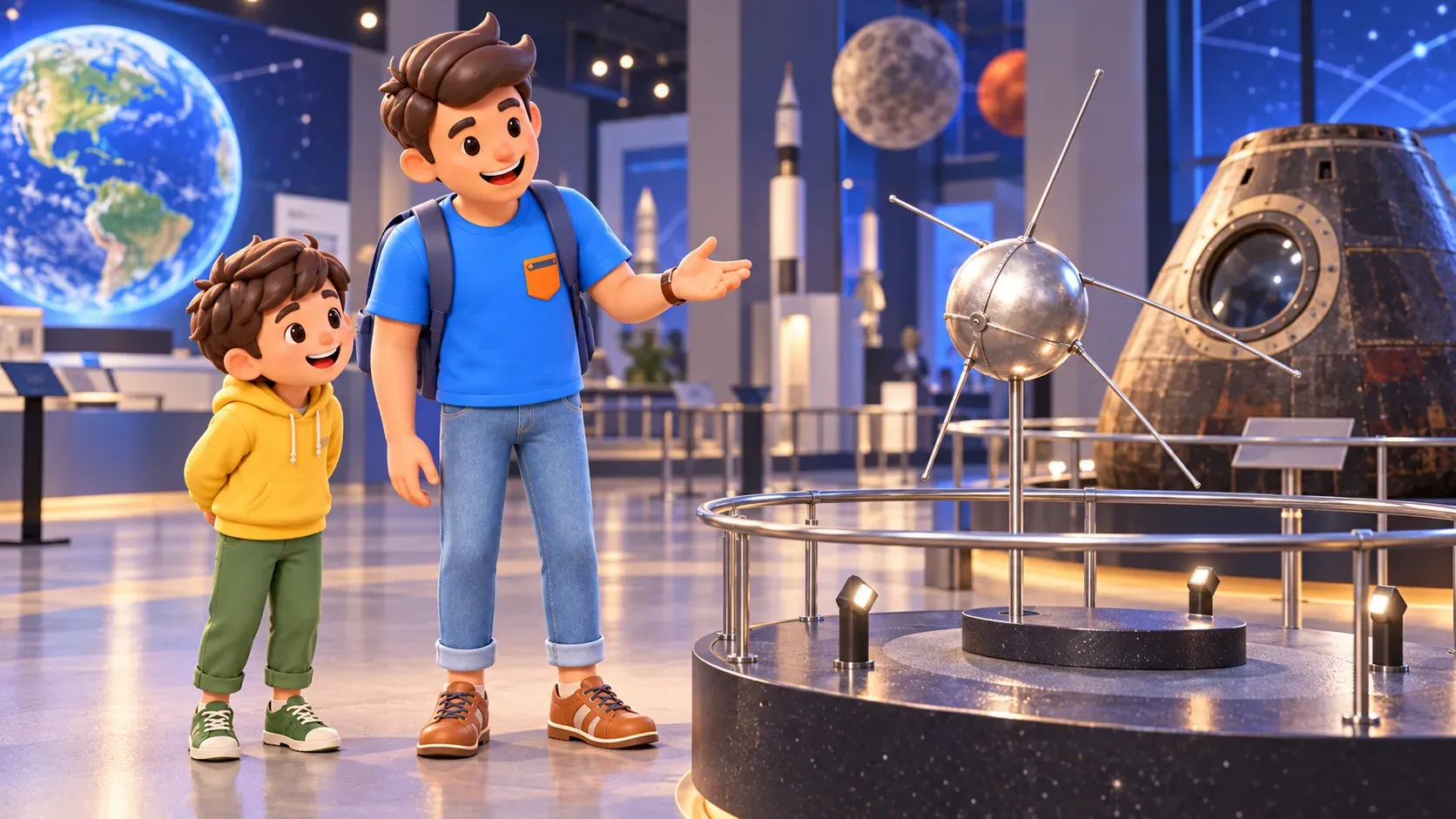 Un viajero explica a un niño un modelo de satélite detrás de una barandilla, ilustración 3D