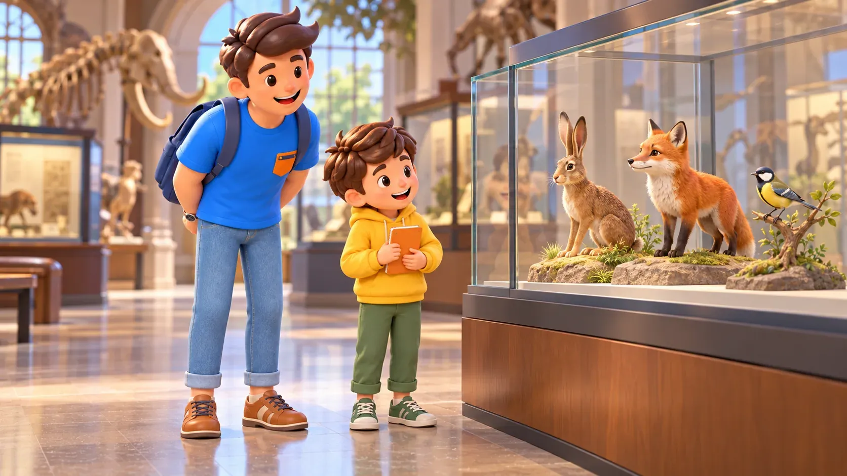 Un viajero y un niño con cuaderno observan modelos de animales detrás del cristal, ilustración 3D