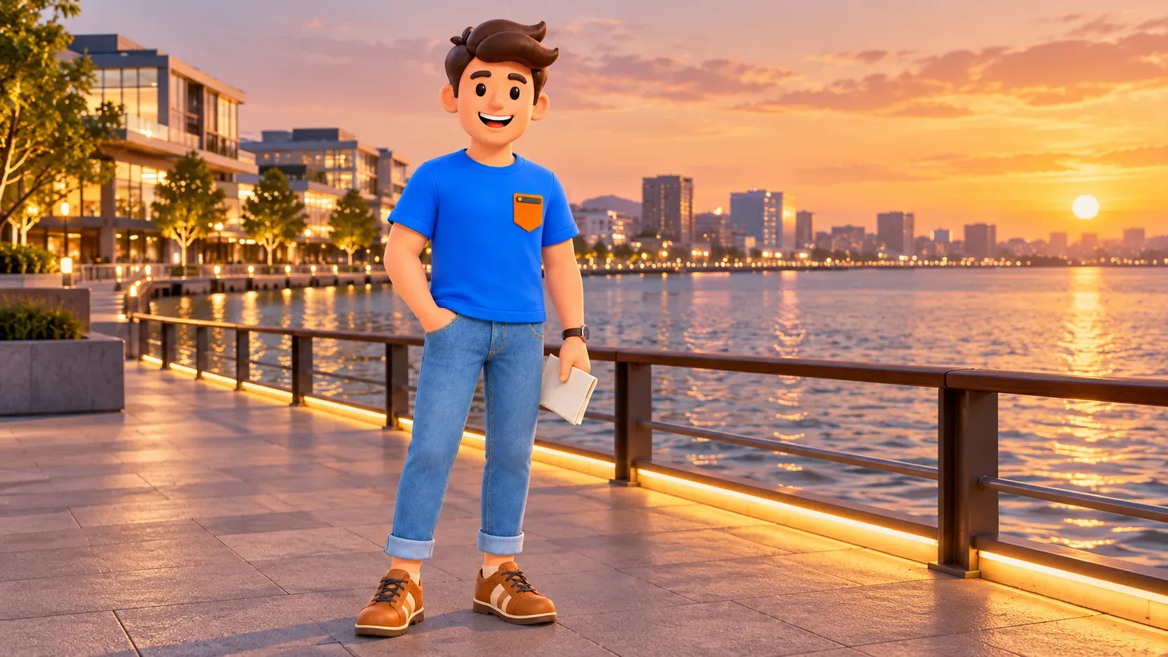 Viajero con un papel en un paseo urbano junto al agua después de la visita