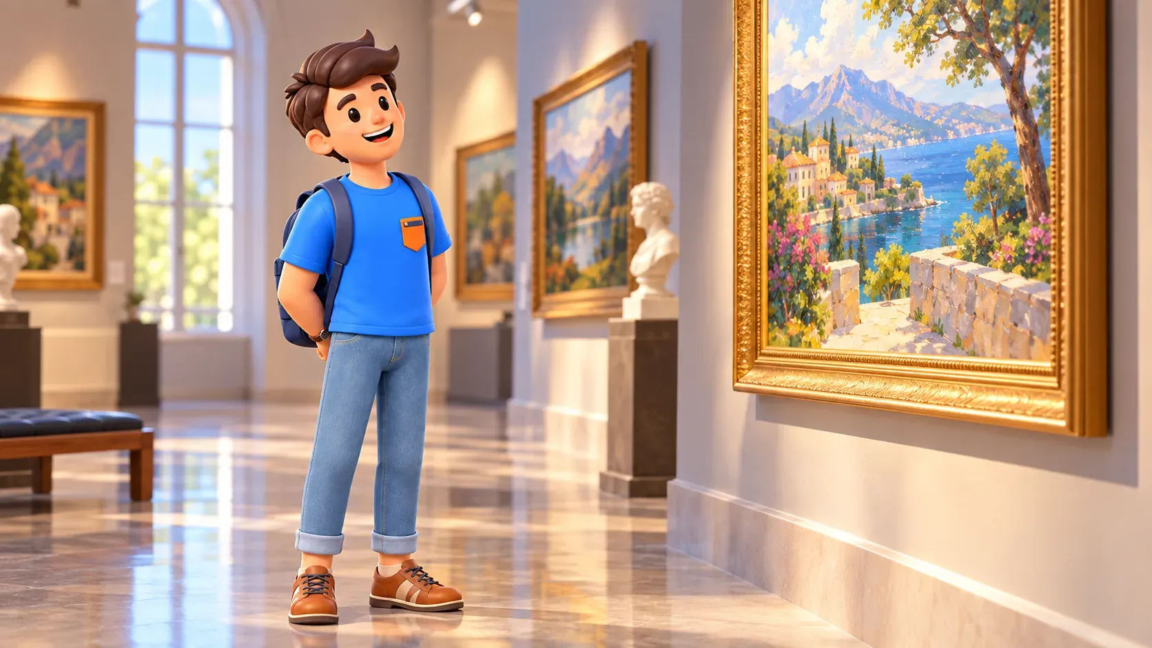 Un voyageur regarde un paysage dans une galerie d’art illustrée, illustration 3D