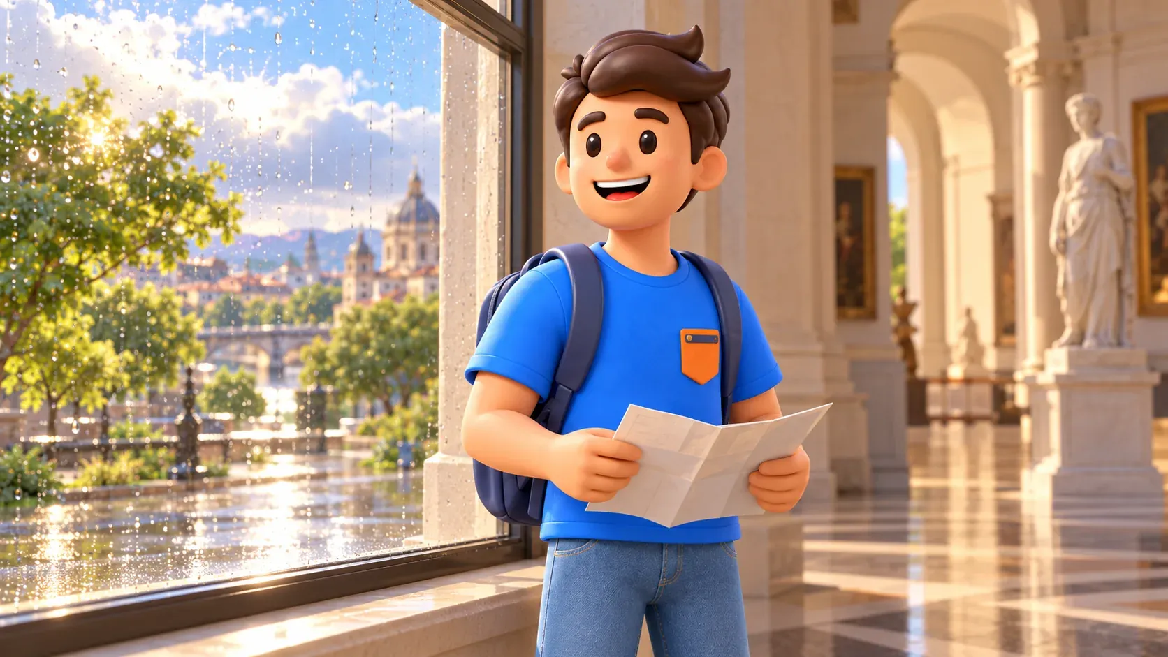 Un voyageur avec un plan en papier regarde la pluie depuis un foyer de musée illustré, illustration 3D