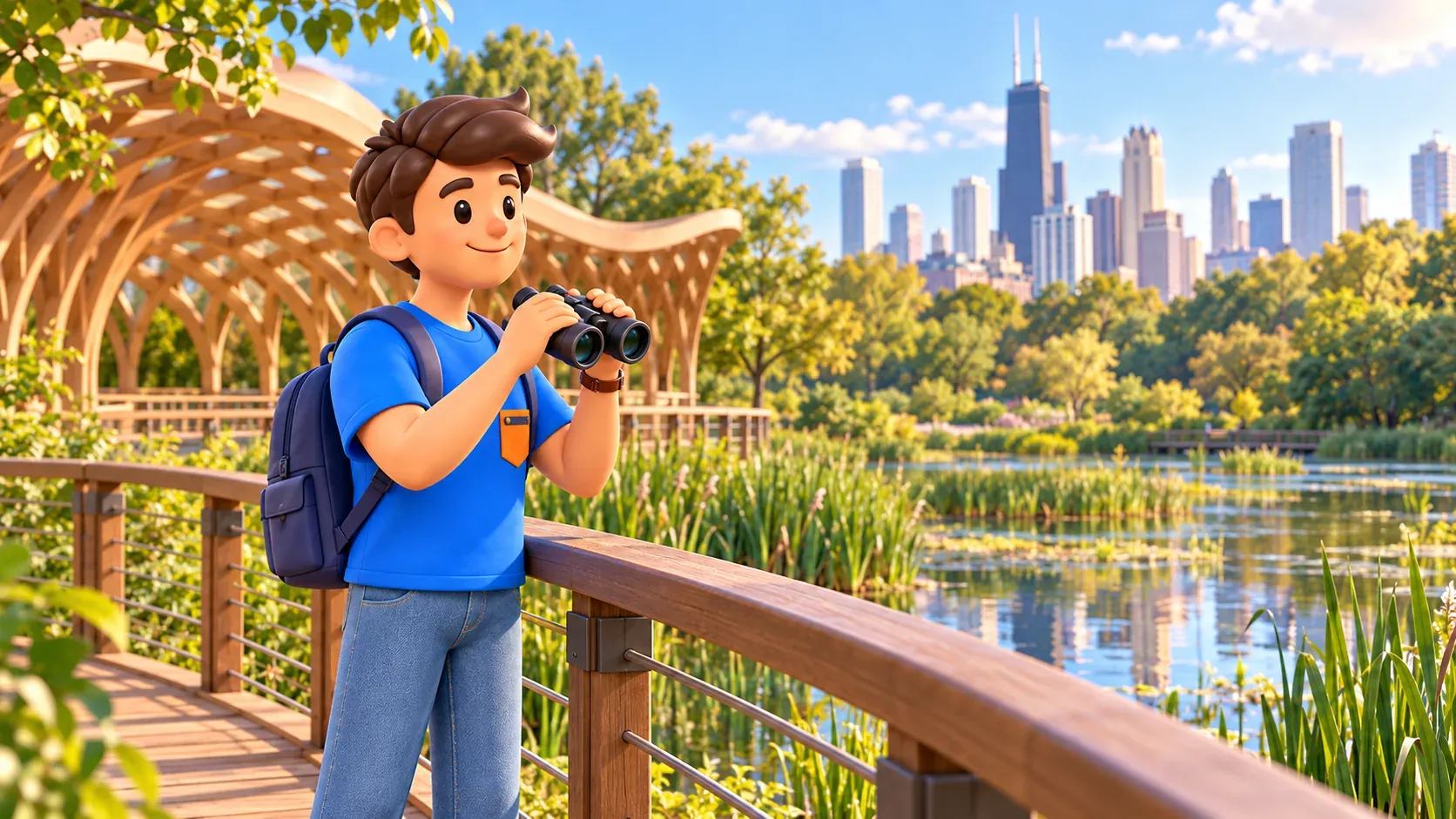 Traveller with binoculars beside the Nature Boardwalk pond and wooden pavilion.