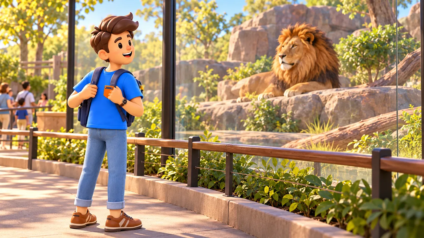 Traveller observing a resting lion through the zoo’s glass barrier.