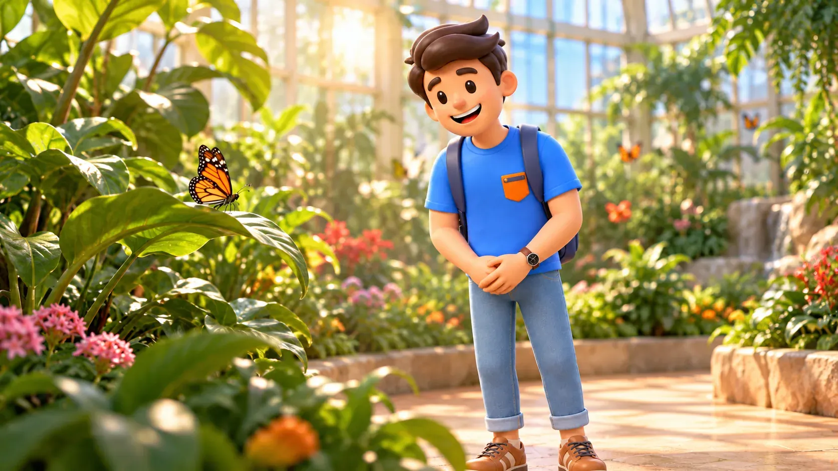 Traveller quietly watching a butterfly perched on a leaf in a museum garden.