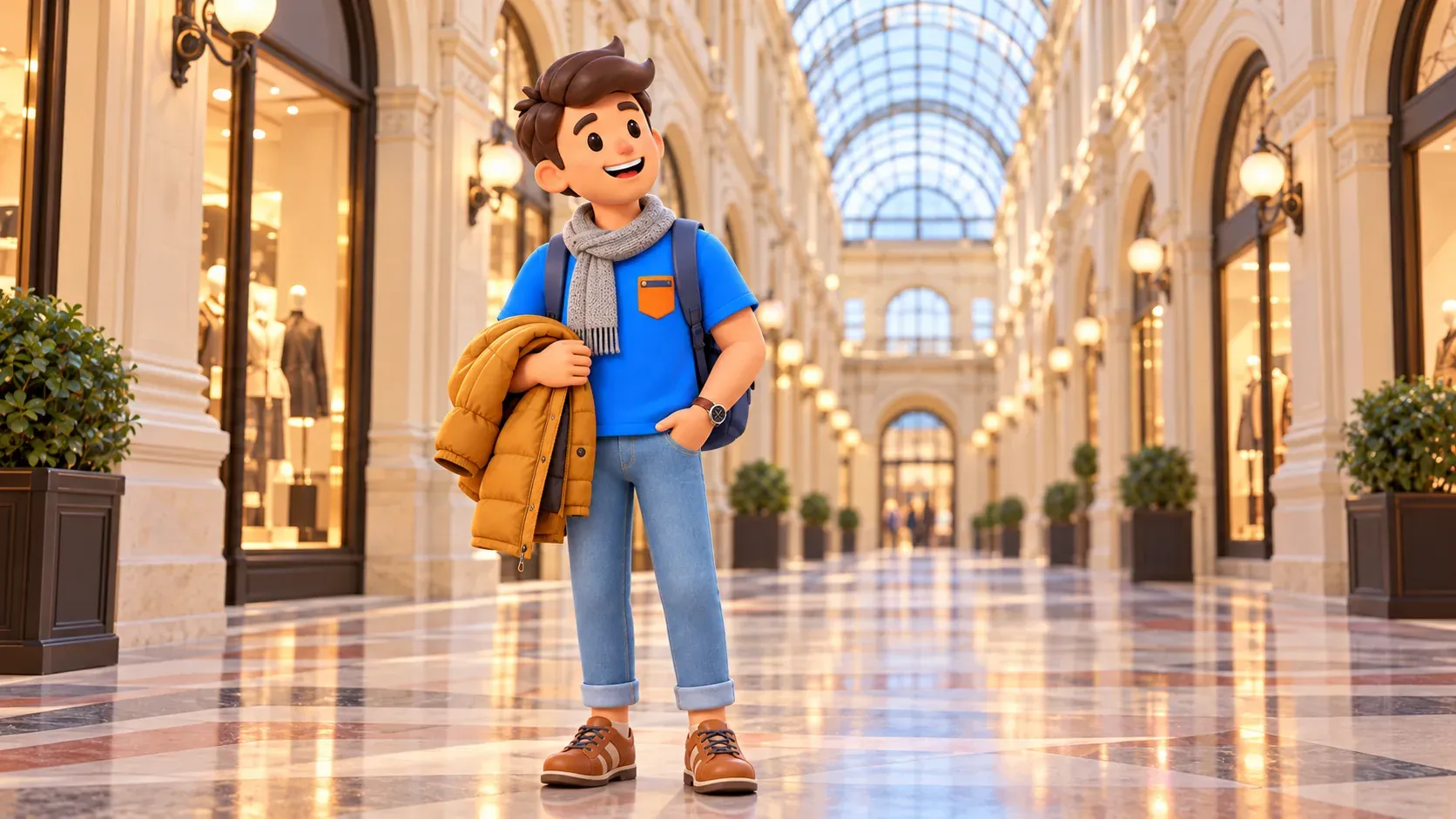 A traveler holding a coat looks at the glass roof of an illustrative shopping arcade, 3D illustration