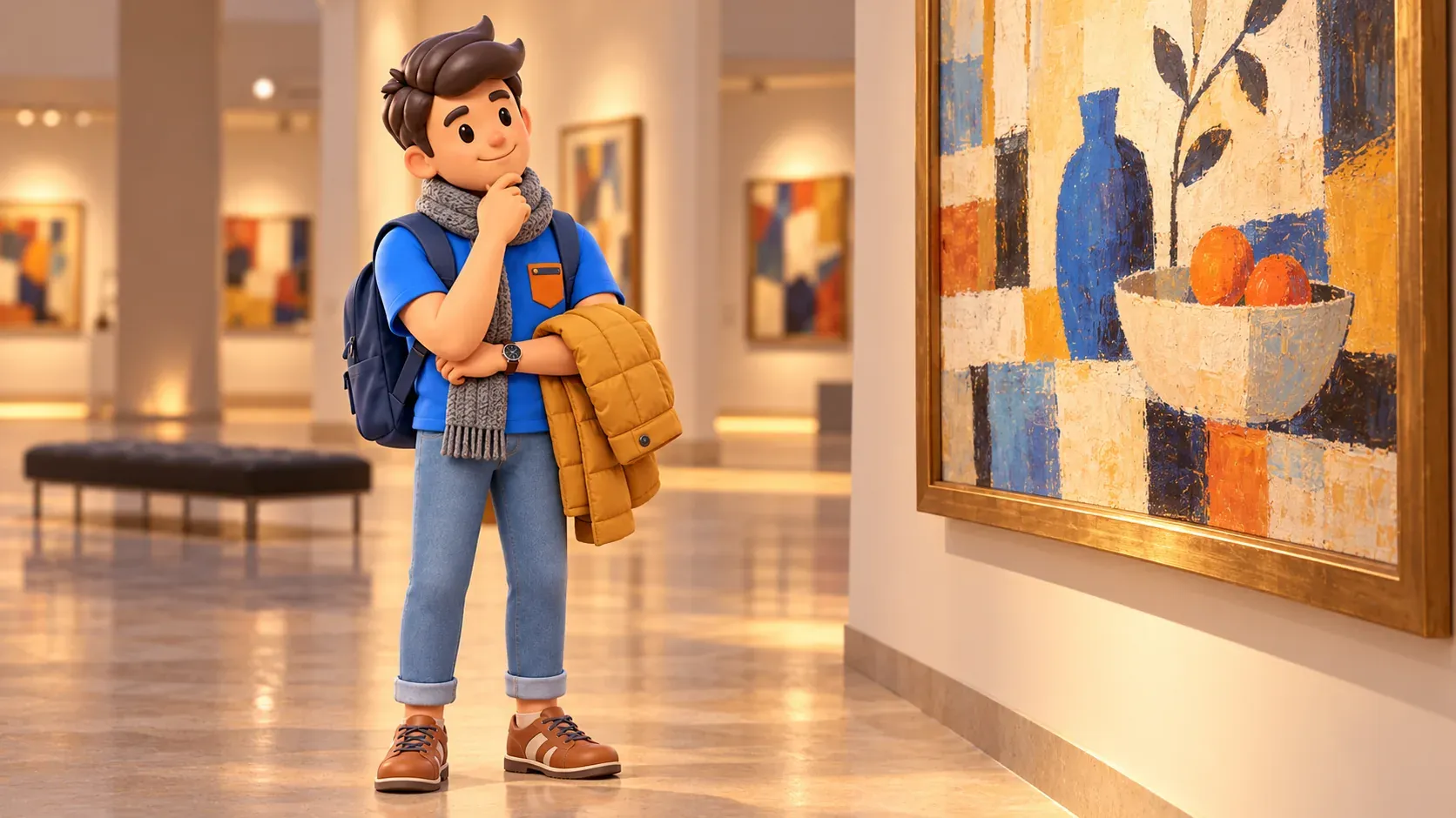 A traveler considers an original still life in an illustrative museum gallery, 3D illustration