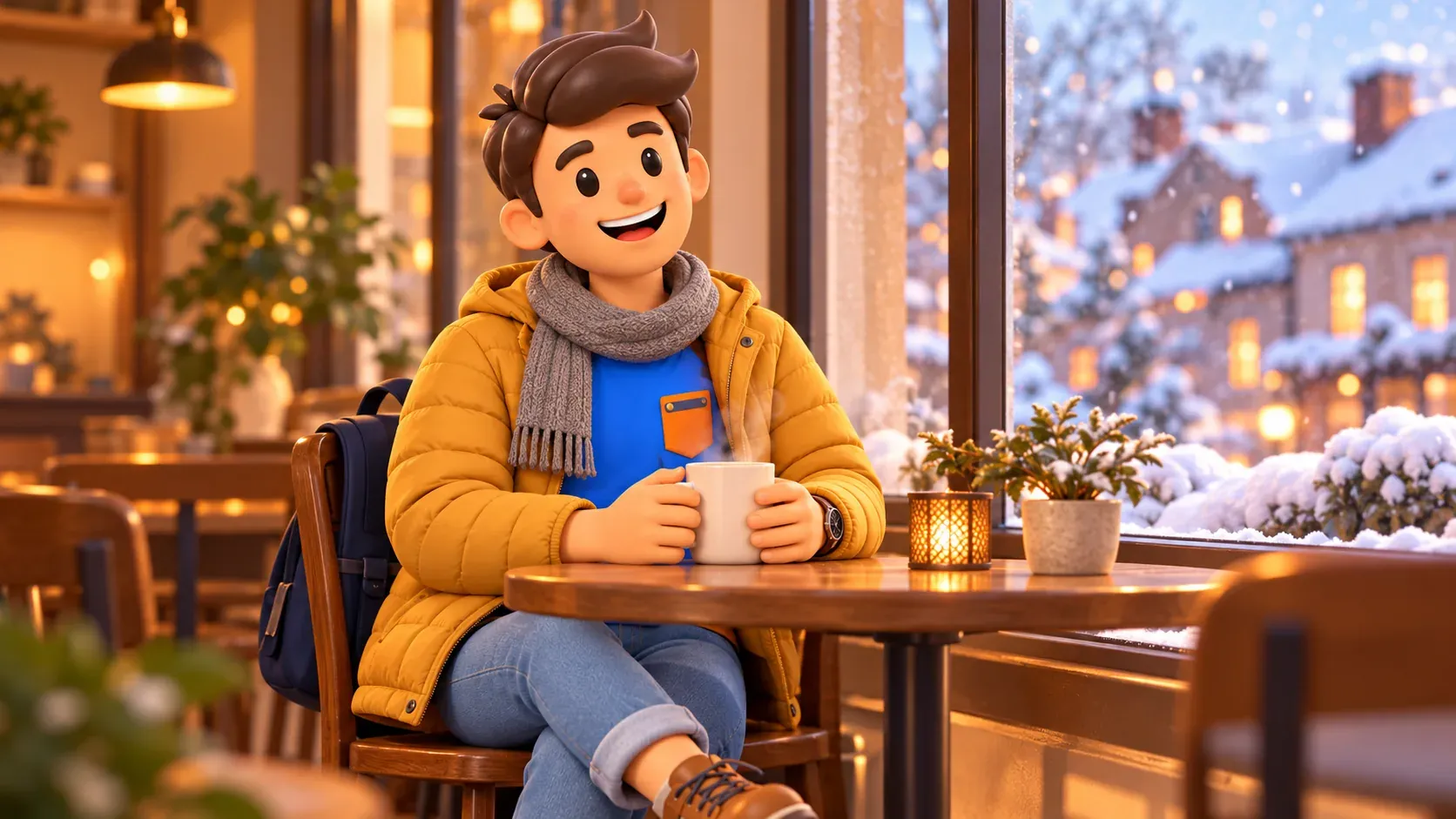 A traveler rests with a mug by a cafe window overlooking a winter scene, 3D illustration