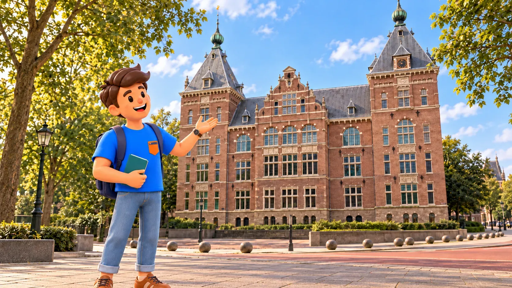 Ilustración de un viajero mirando la fachada de Wereldmuseum Amsterdam desde la acera