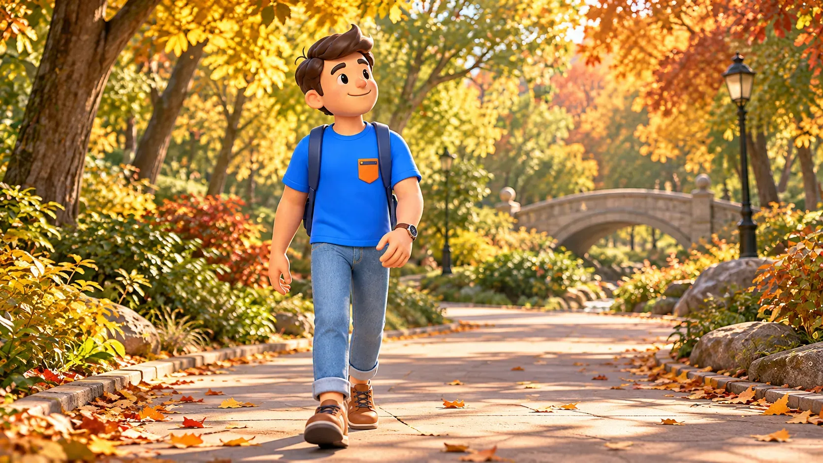 Un voyageur marche sous les arbres d’automne avec un petit pont illustratif au fond, illustration 3D