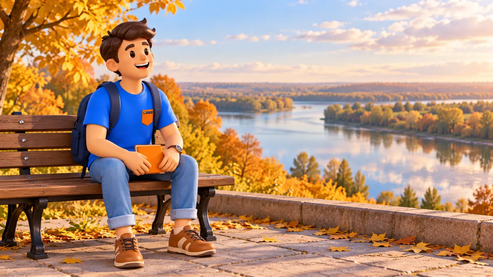 Un voyageur avec carnet fermé est assis sur un banc devant un panorama fluvial illustratif, illustration 3D