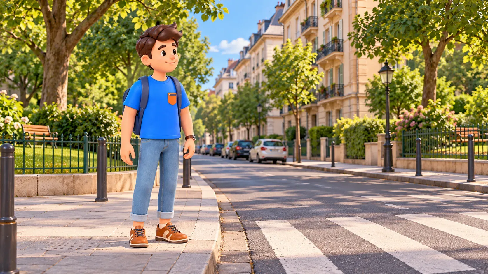El personaje espera en la acera ante un paso peatonal entre parques