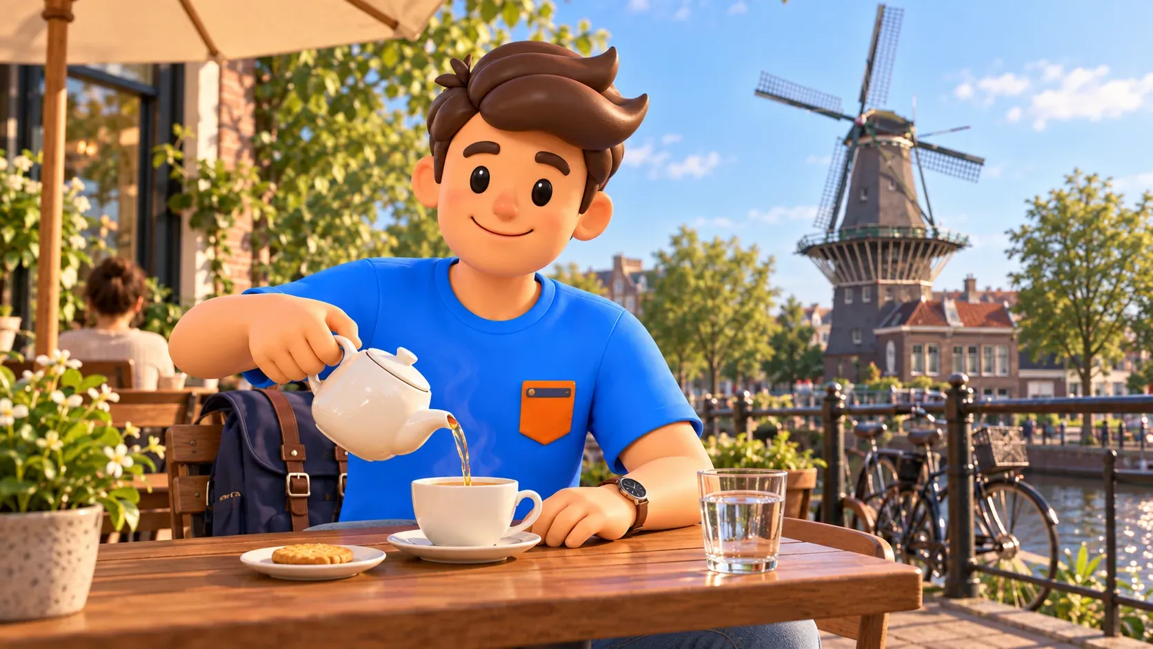 Ilustración temática de un viajero sirviendo té en una terraza imaginaria cerca de De Gooyer