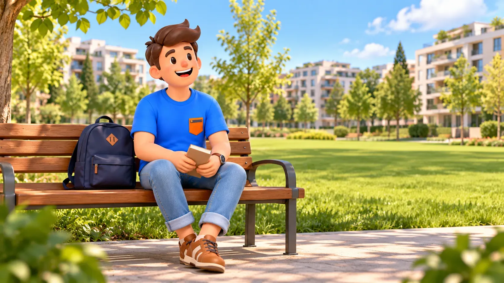 El personaje descansa con un libro junto a una pradera del parque