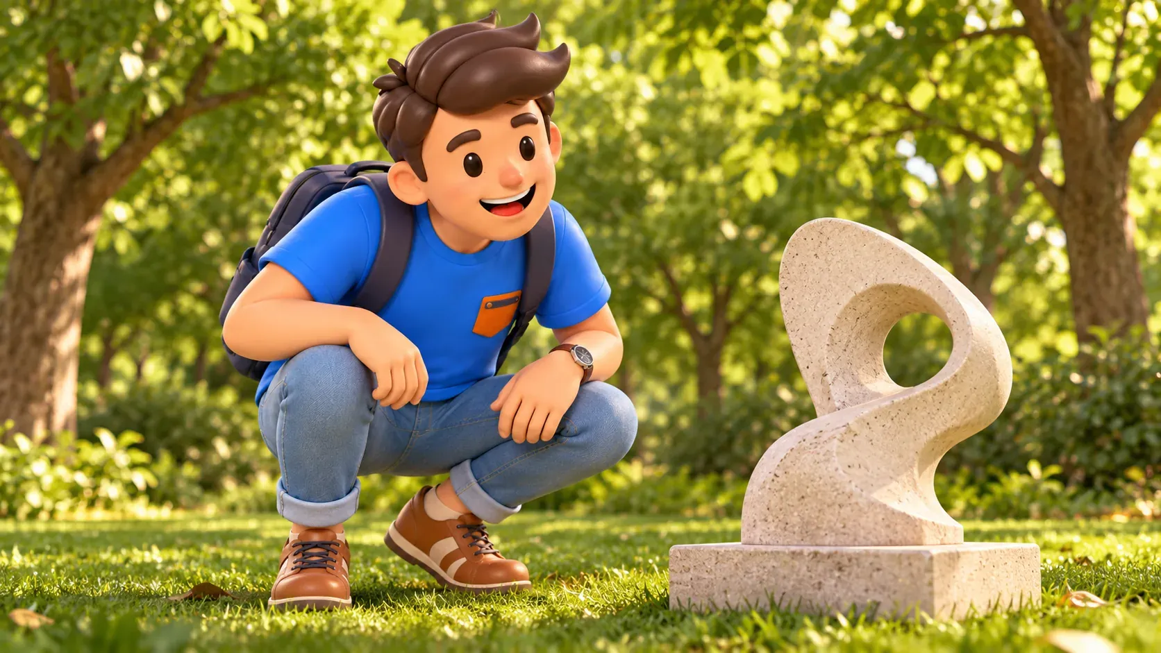 Ein Reisender betrachtet eine illustrative abstrakte Steinskulptur im Park, 3D-Illustration