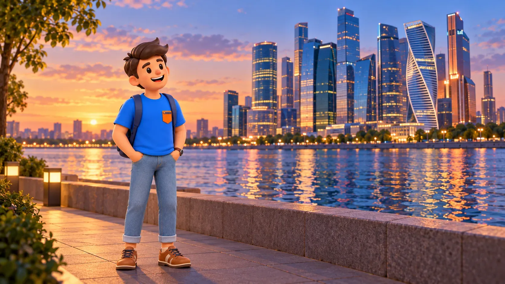 Ein Reisender betrachtet eine illustrative Skyline von Moskau City vom anderen Ufer, 3D-Illustration