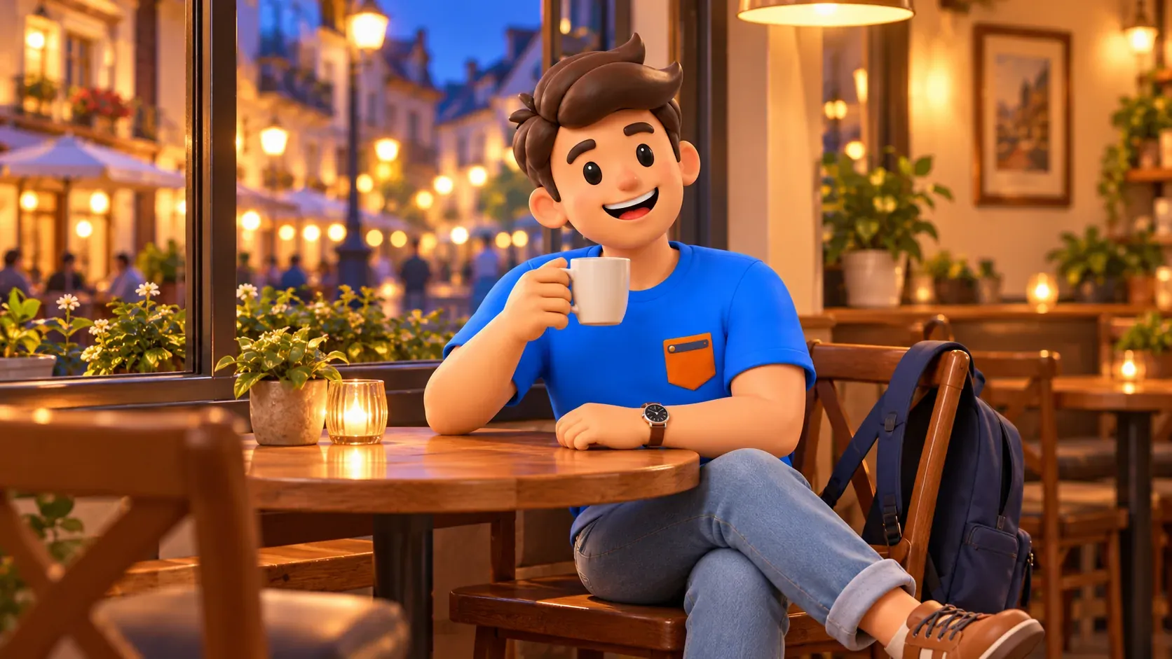 Ein Reisender beendet den Abend mit einer Tasse am illustrativen Caféfenster, 3D-Illustration
