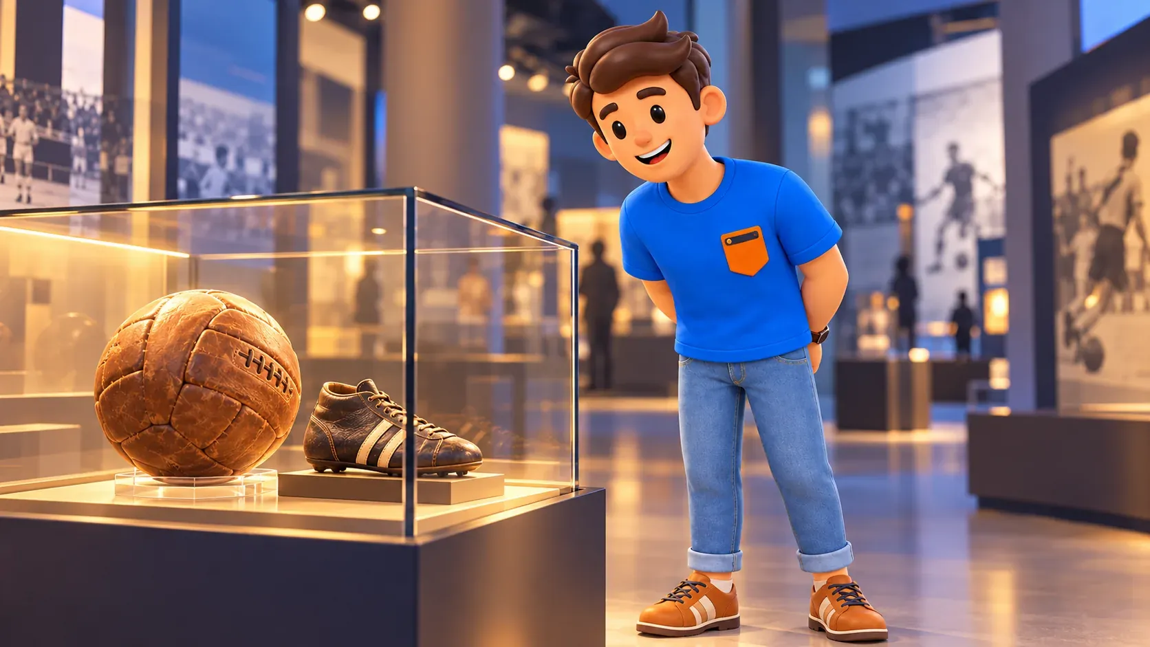 Illustration eines Reisenden vor einem Ball in einer beispielhaften Museumsvitrine