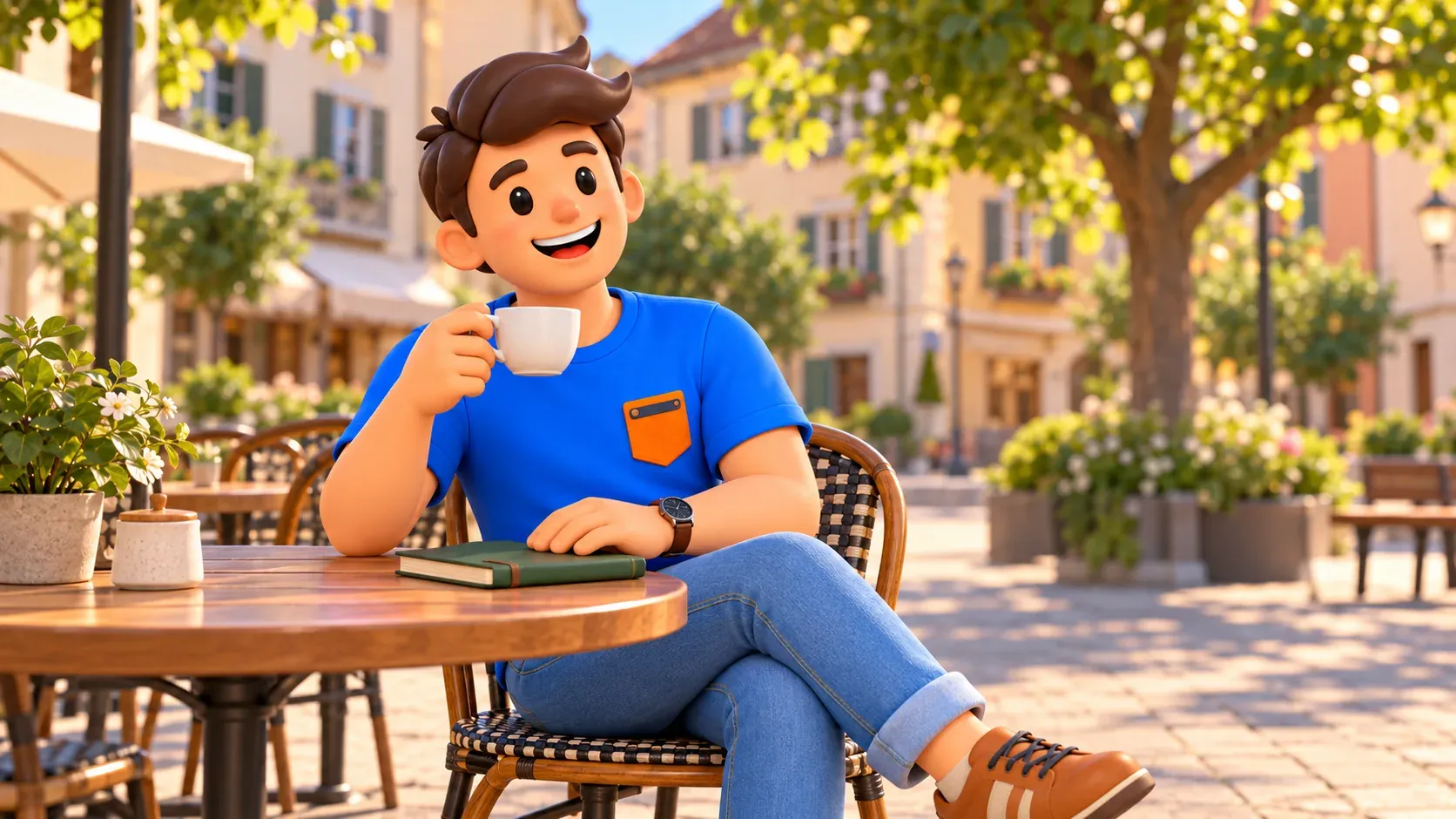 Illustration eines Reisenden bei einer Teepause in einem Café am Platz