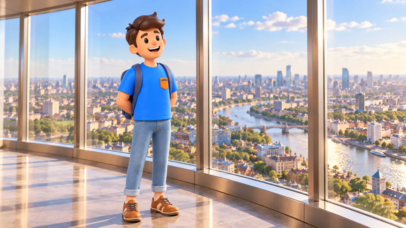 Ein Reisender steht auf undurchsichtigem Boden am Fenster einer illustrativen hohen Aussichtslounge, 3D-Illustration