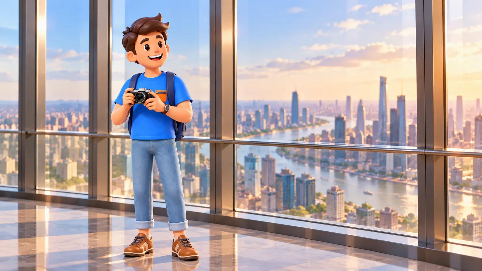Ein Reisender hält eine Kamera am Fenster mit illustrativem Blick auf Türme und Fluss, 3D-Illustration