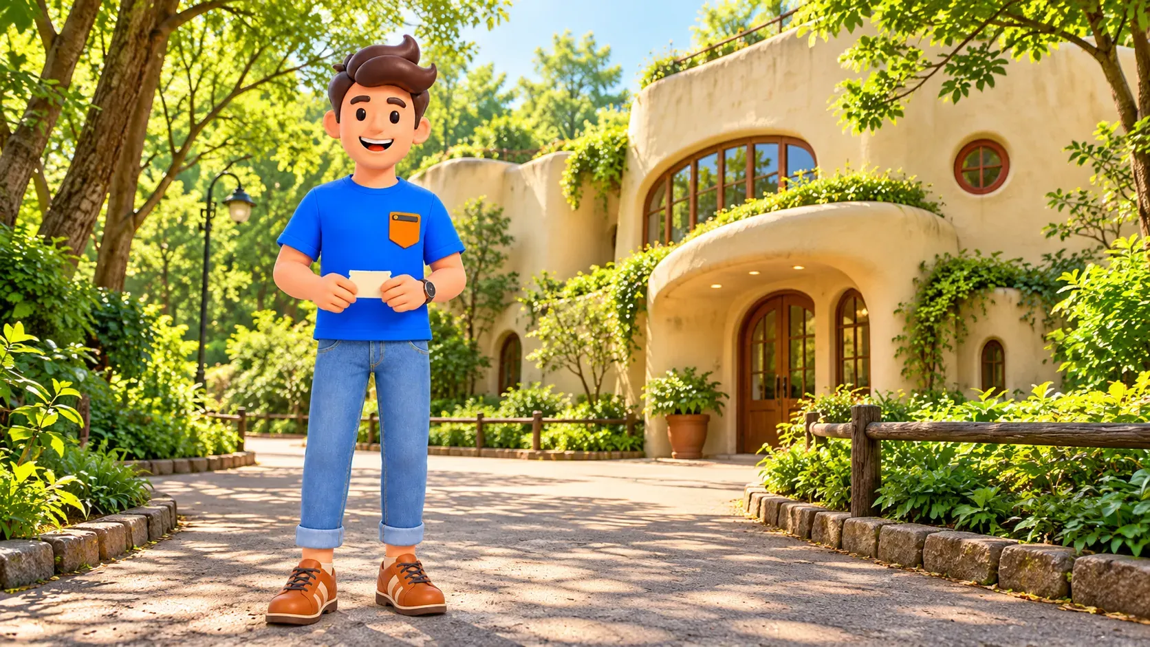 Traveler with a ticket on a park path before a museum-inspired building