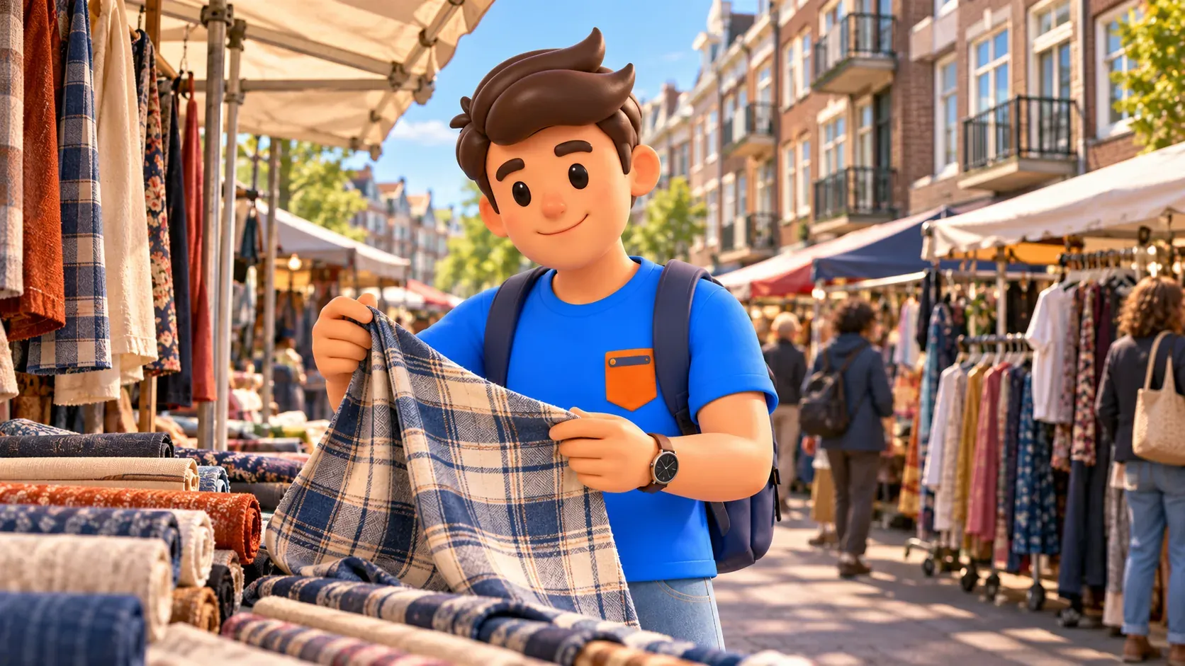 Thematic illustration of a traveller choosing fabric at an imagined Ten Kate stall