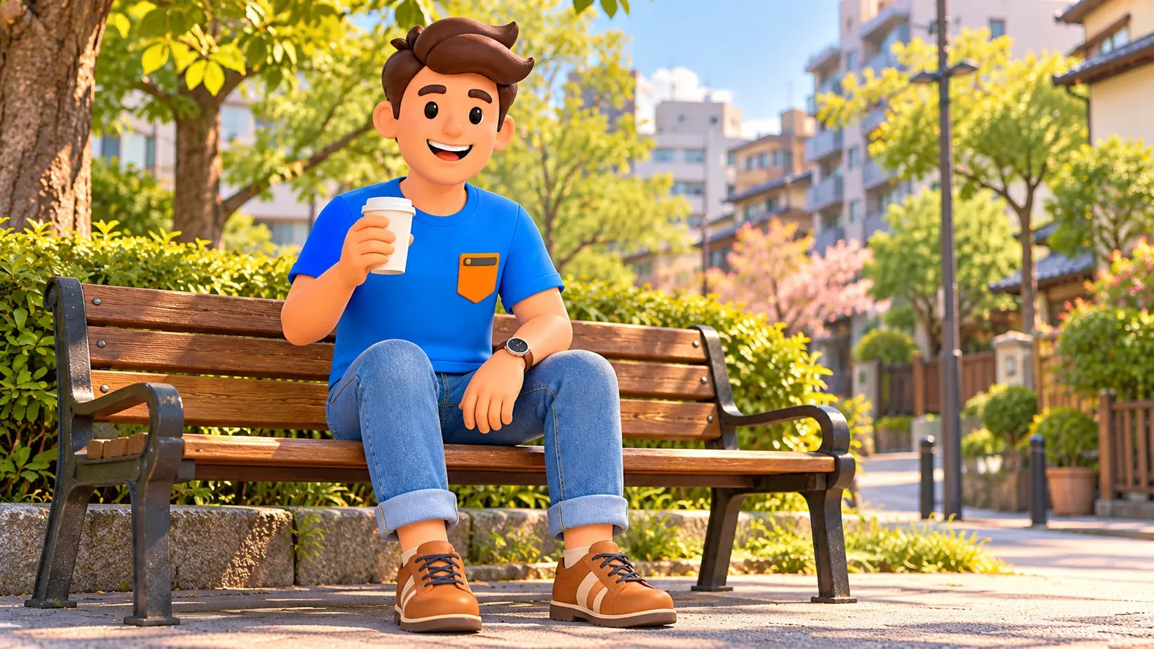 Traveler with a paper cup resting on a park bench