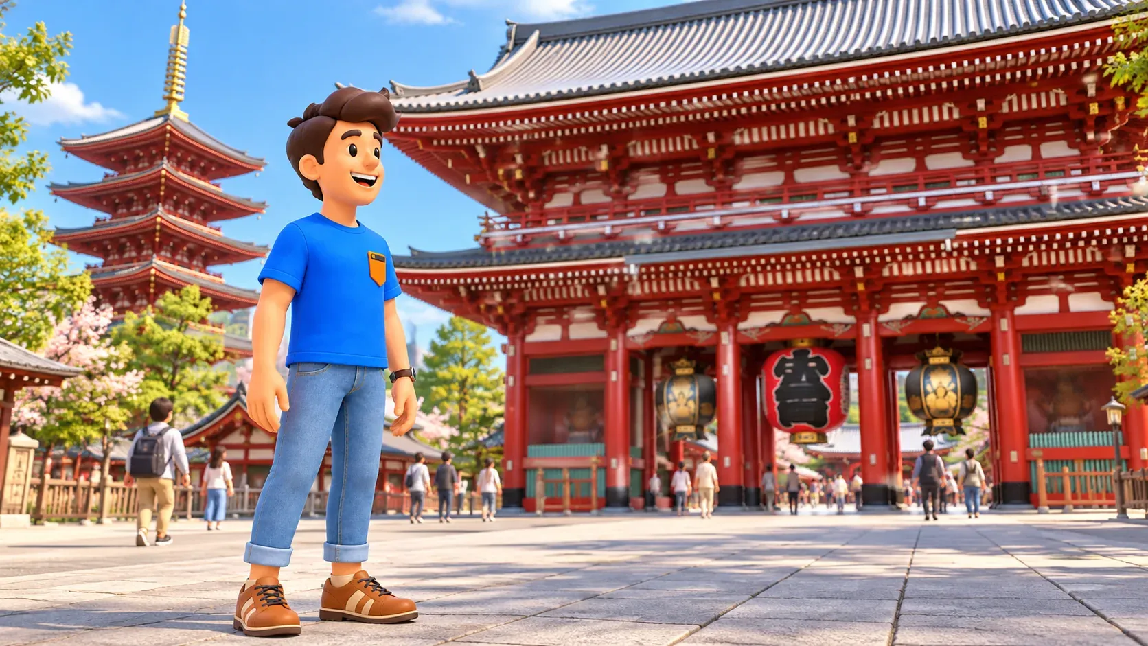 Traveler observing a roofed temple gate and pagoda.