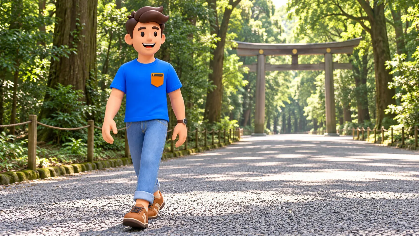 Traveler walking along the wooded Meiji approach.