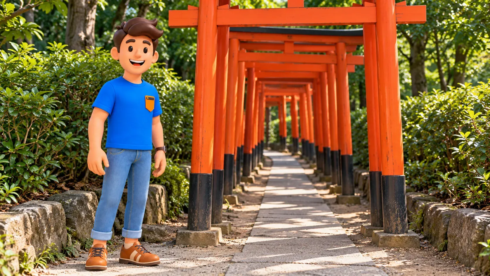 Traveler beside small vermilion torii at Nezu.