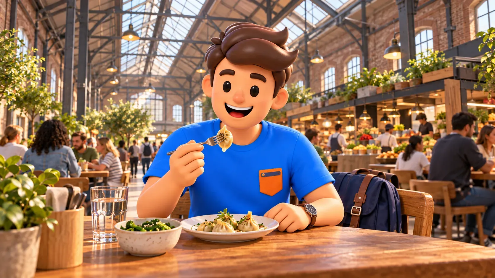 Thematic illustration of a traveller eating lunch in an imagined food hall in a former tram depot