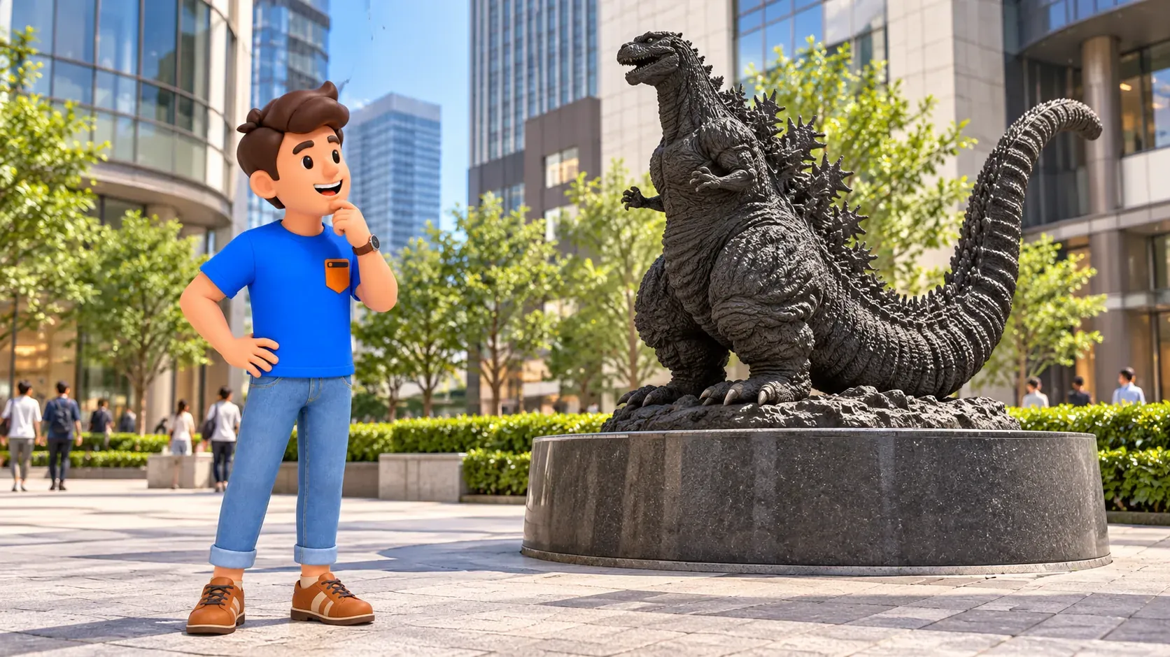 Traveler observing a Godzilla sculpture in an urban square.