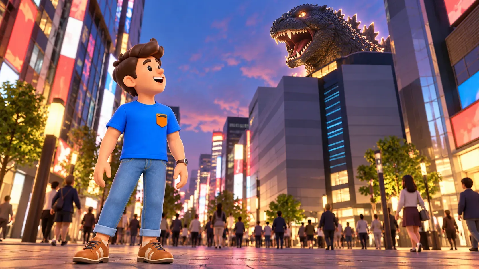 Traveler viewing the Godzilla head from a public street.