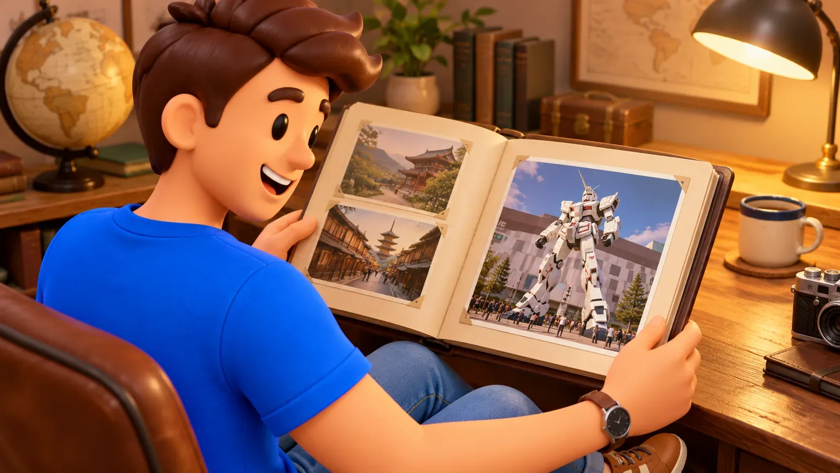 Traveler reviewing a historical Unicorn Gundam photograph in an album; the statue’s exhibition has ended.