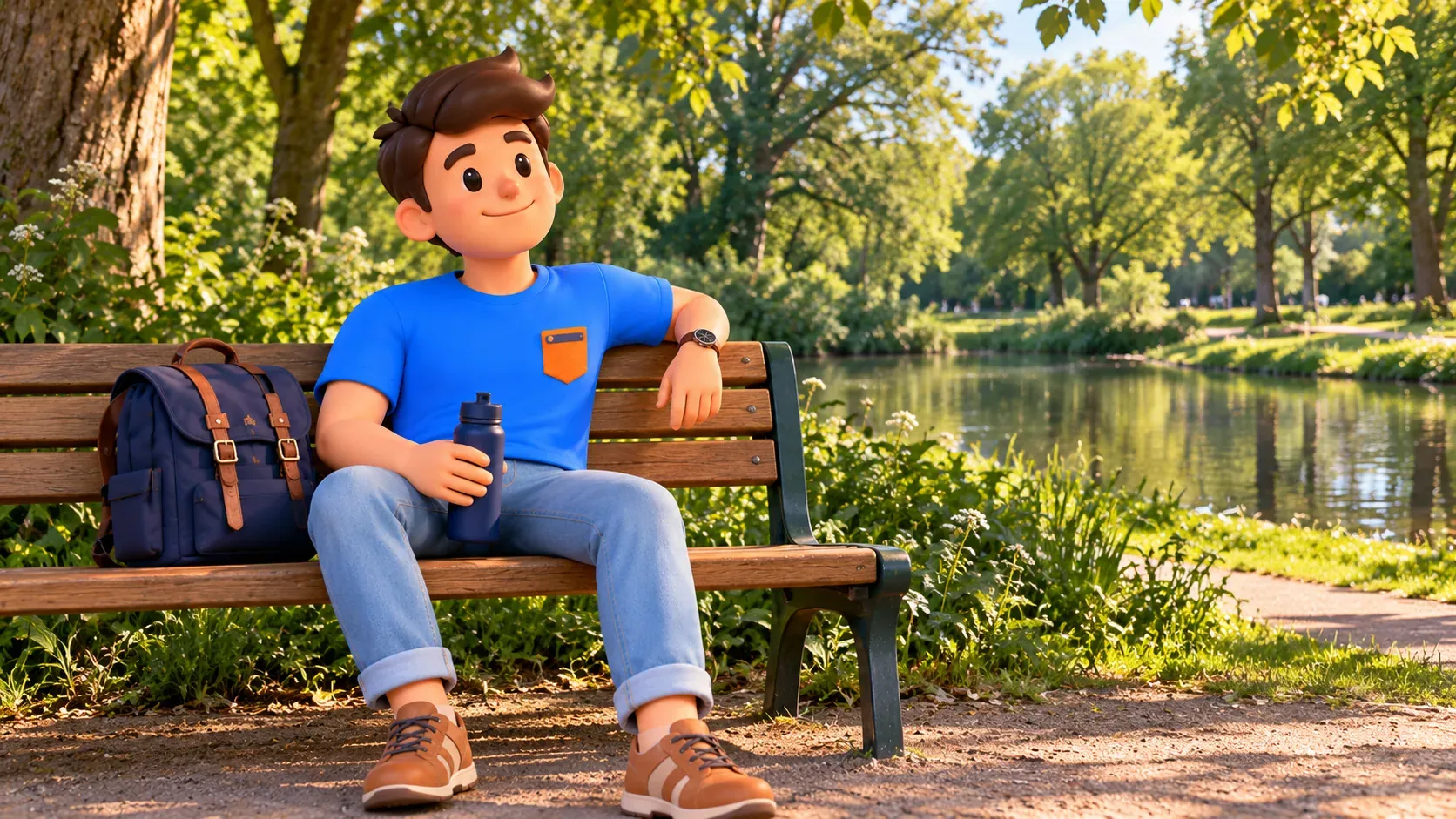 Thematic illustration of a traveller resting with a water bottle beside a Rembrandtpark pond