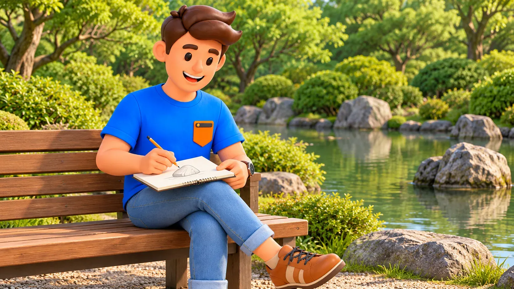 Voyageur dessinant une pierre sur un banc près d’un étang