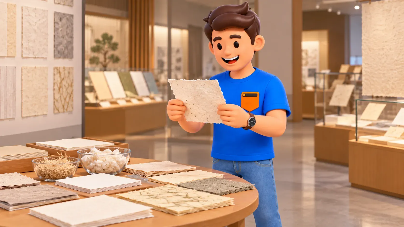Traveler examining a designated educational paper sample.