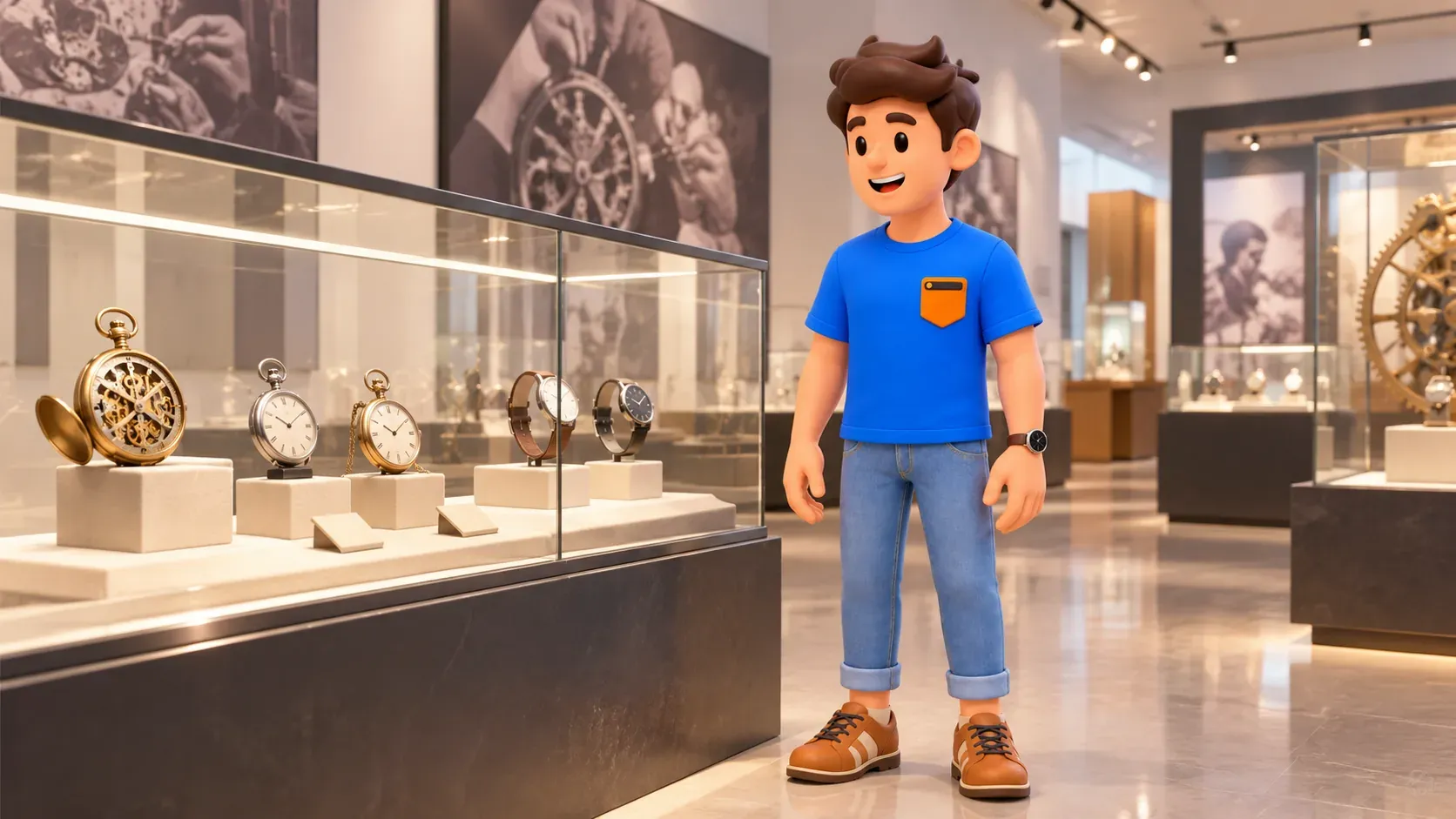 Traveler observing timepieces and mechanisms behind museum glass.