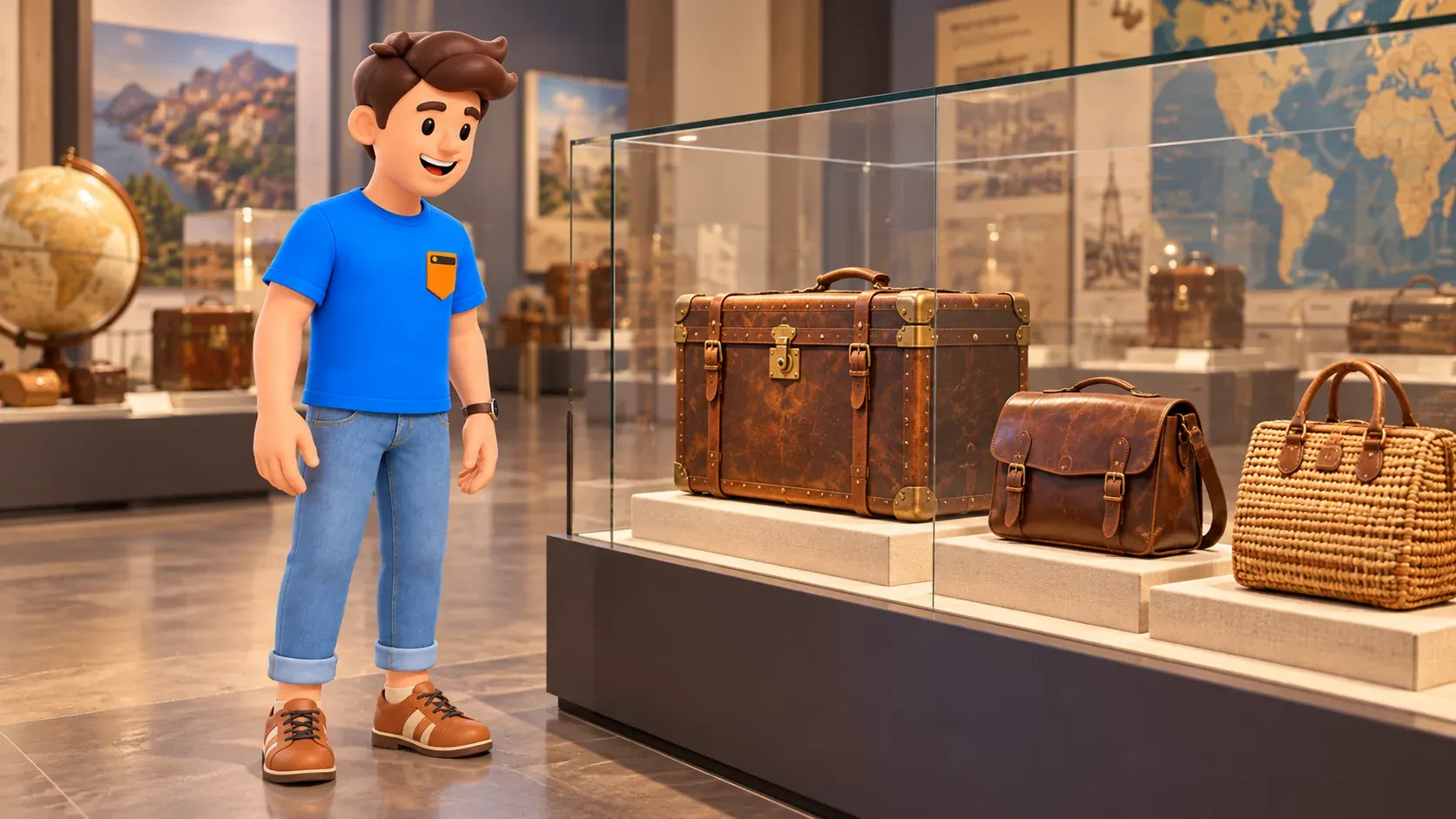 Traveler observing historic bags and a travel trunk in a museum.