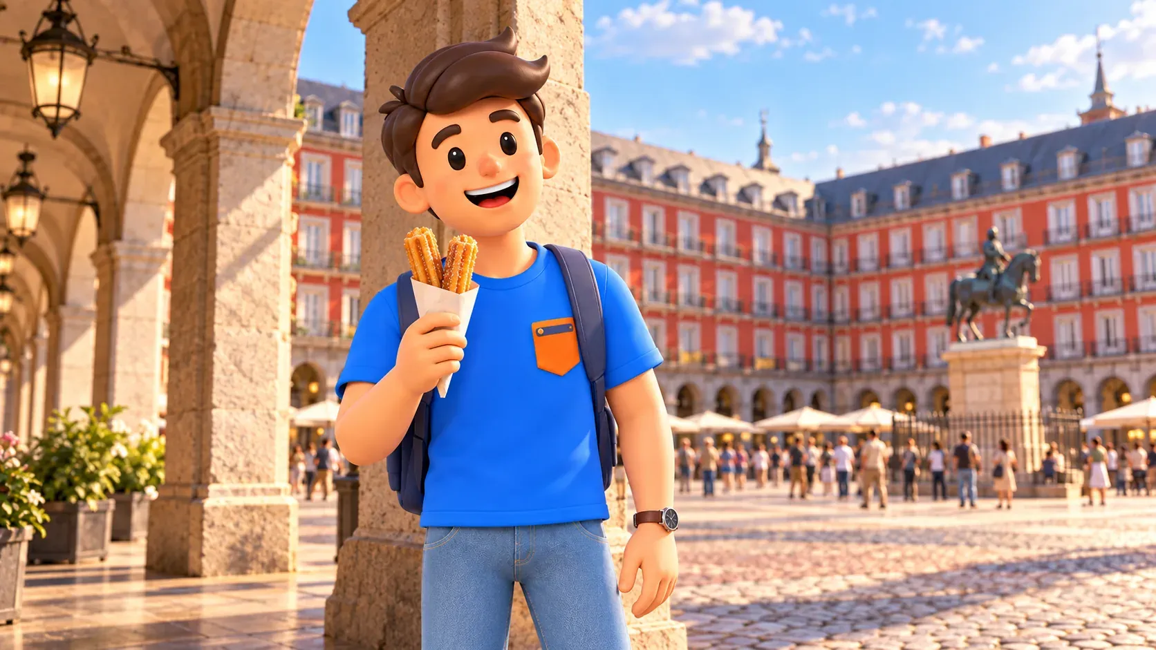 Ilustración de un viajero con churros junto a los soportales de Plaza Mayor