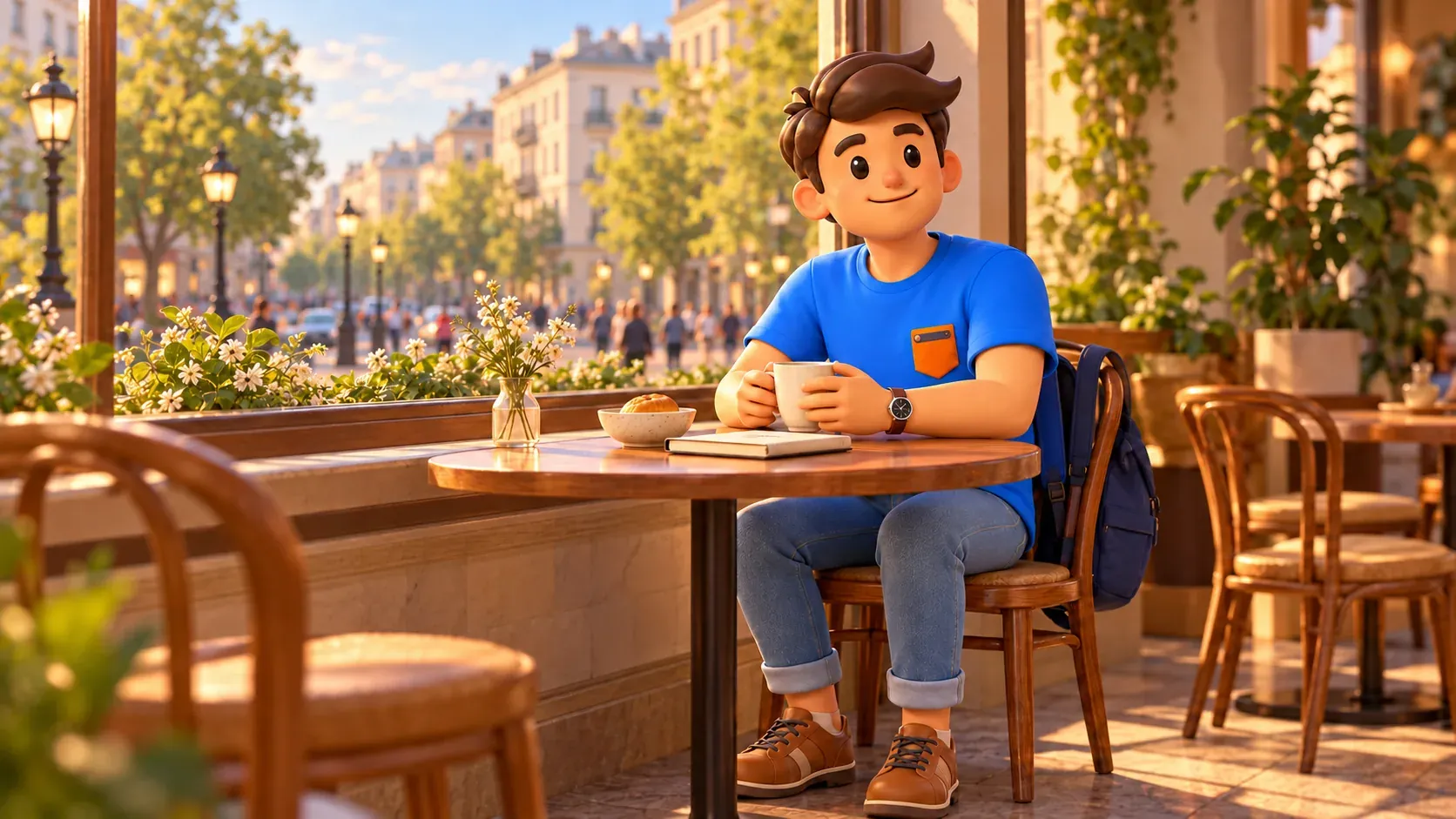 Un viajero descansa con una taza en un café ilustrativo, con edificios corrientes y árboles desenfocados fuera, ilustración 3D