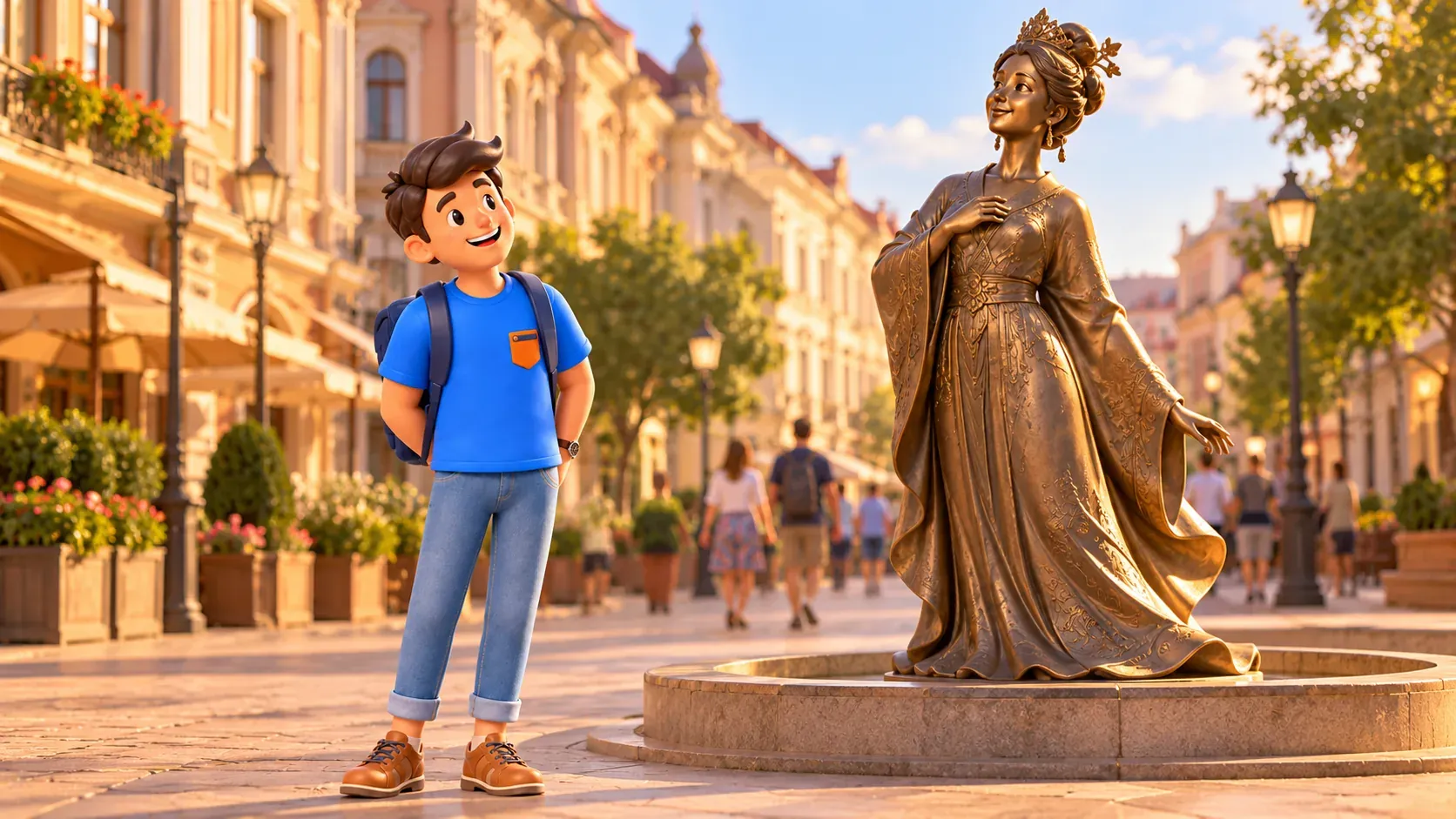 Un viajero observa una princesa de bronce ilustrativa sobre una fuente seca, ilustración 3D