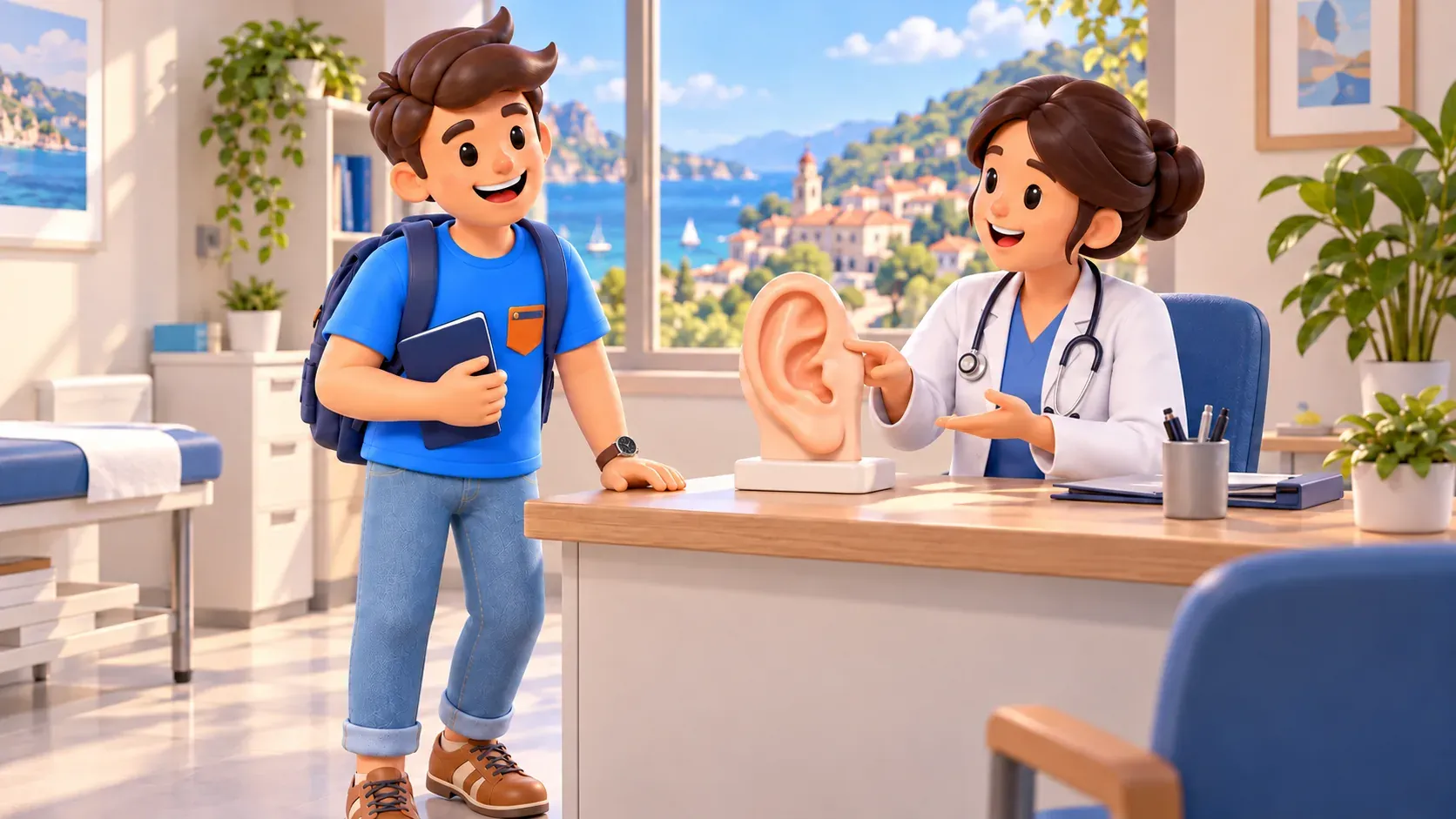 Clinician explains an ear model to a traveller before flying