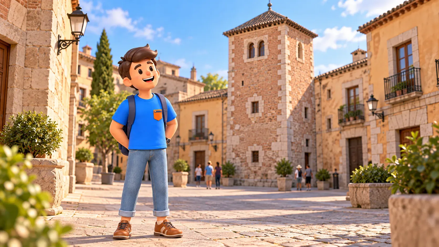 Ilustración de un viajero observando una torre antigua