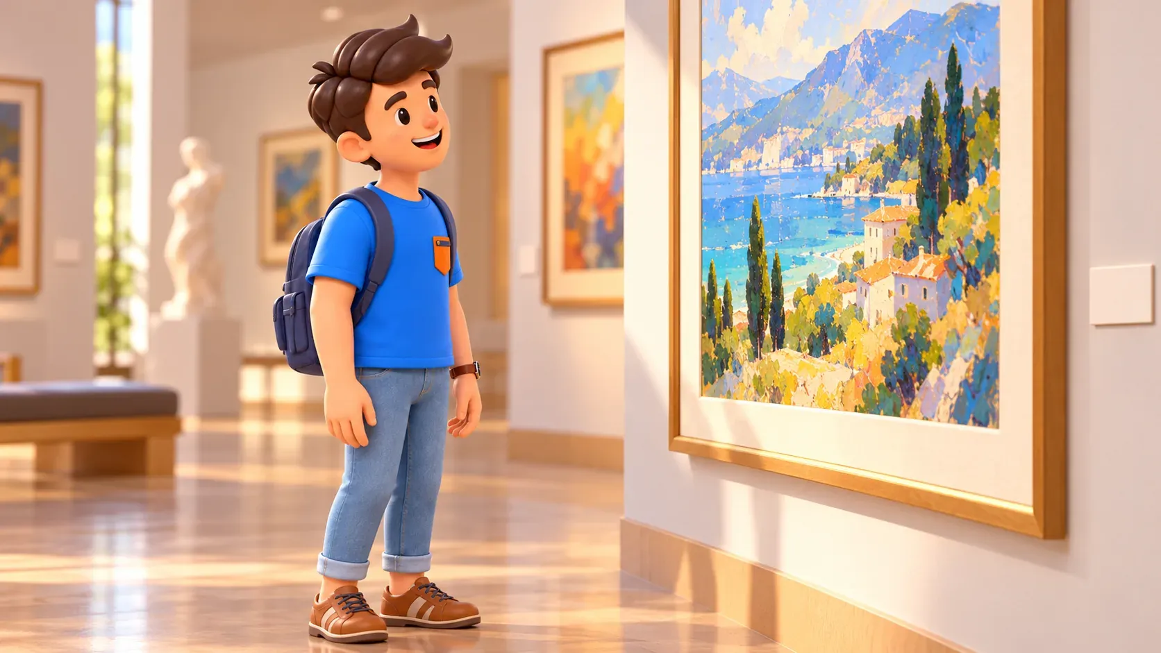 Un voyageur regarde attentivement un paysage dans une galerie illustrée, illustration 3D
