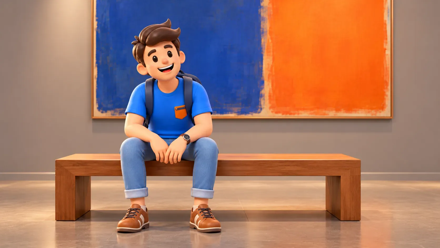Un voyageur se repose sur un banc devant une peinture abstraite illustrée, illustration 3D