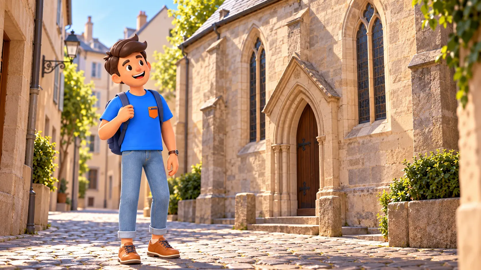 The character viewing a small historic church from the street